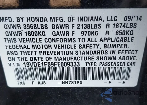 2015 Acura Ilx 2.0L z USA, uszkodzony, nr VIN 19VDE1F59FE009333